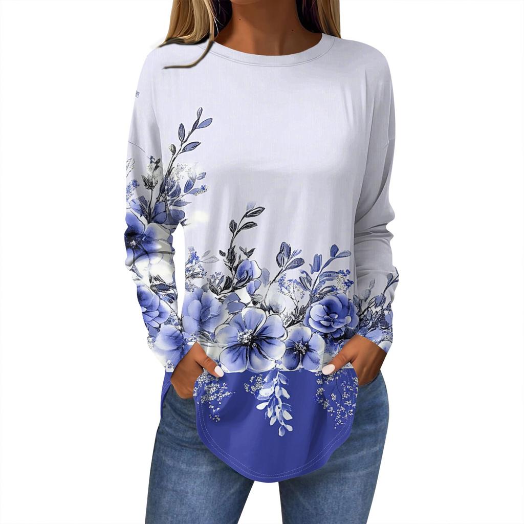 Damen T-Shirt mit Rundhalsausschnitt, lockerer Schnitt, langärmelig, Top, Pullover
