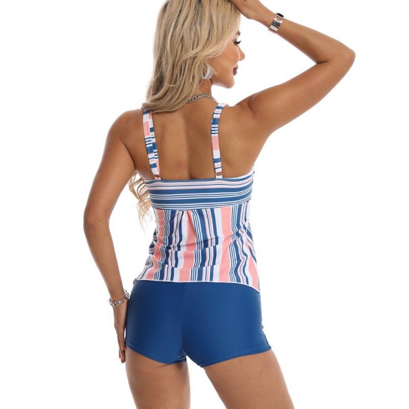Plus Size Striped Print Tummy Control Split Tankini Swimsuit For Women