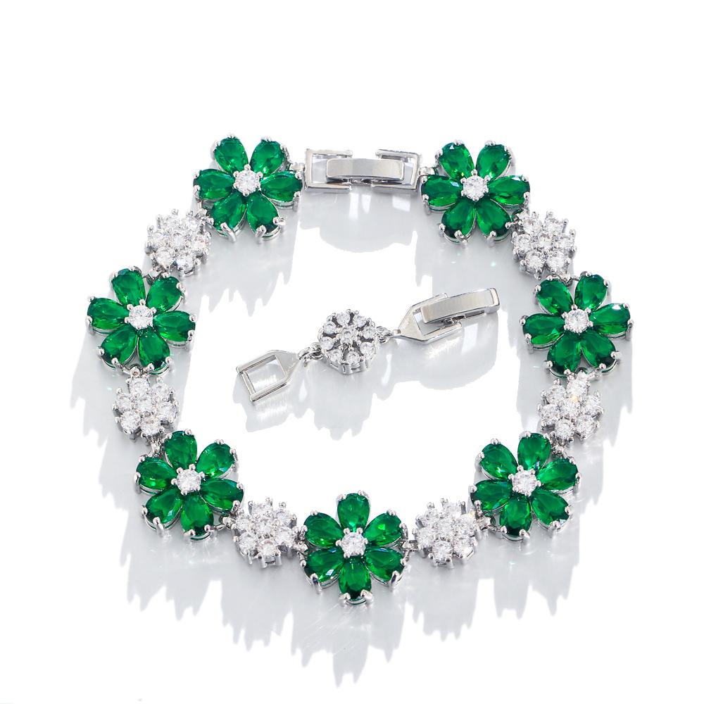 CMM Gorgeous Gold Color Green Cubic Zirconia Flower Charm Link Women Wedding Party Bracelets Jewelry Gift
