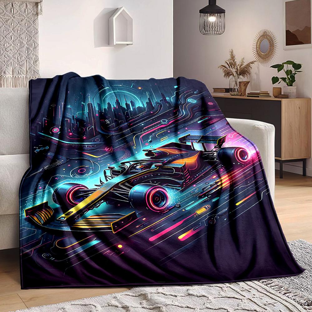 1pc Futuristic Racing Print Blanket Lightweight Flannel Throw Blanket For Sofa, Bed, Living Room, Office, Outdoor Travel, Camping