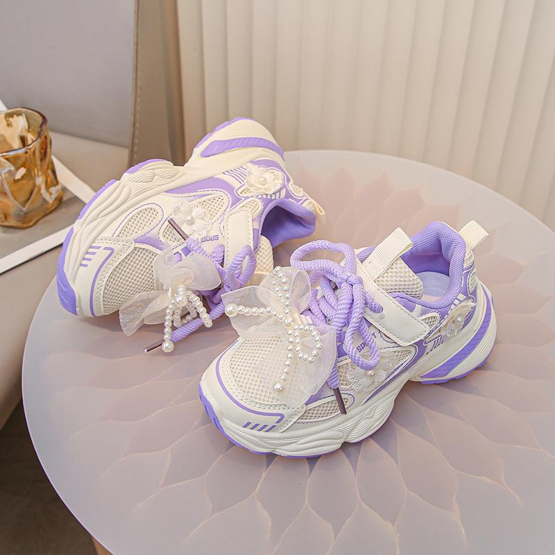 Girls sneakers 2025 new autumn children's pearl princess soft-soled dad shoes girls lace explosion versatile