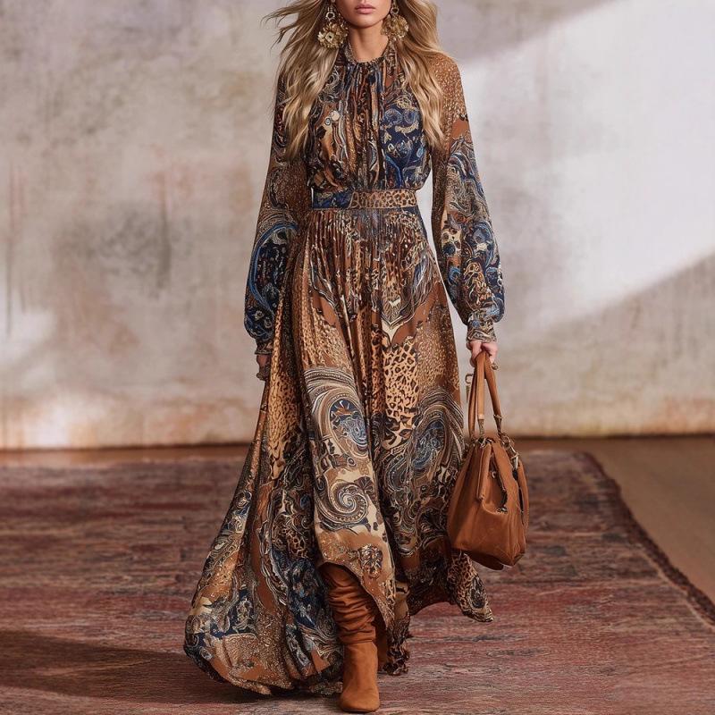 European and American new bohemian print large skirt with lantern sleeves and thin long-sleeved dress