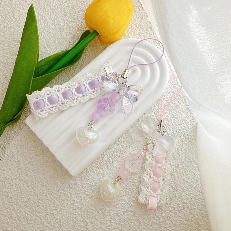 Kattklo Båge Söt Hänge Nyckelring Telefonkedja Spetsband Pärldekoration Tillbehör Gåvor Väskhänge