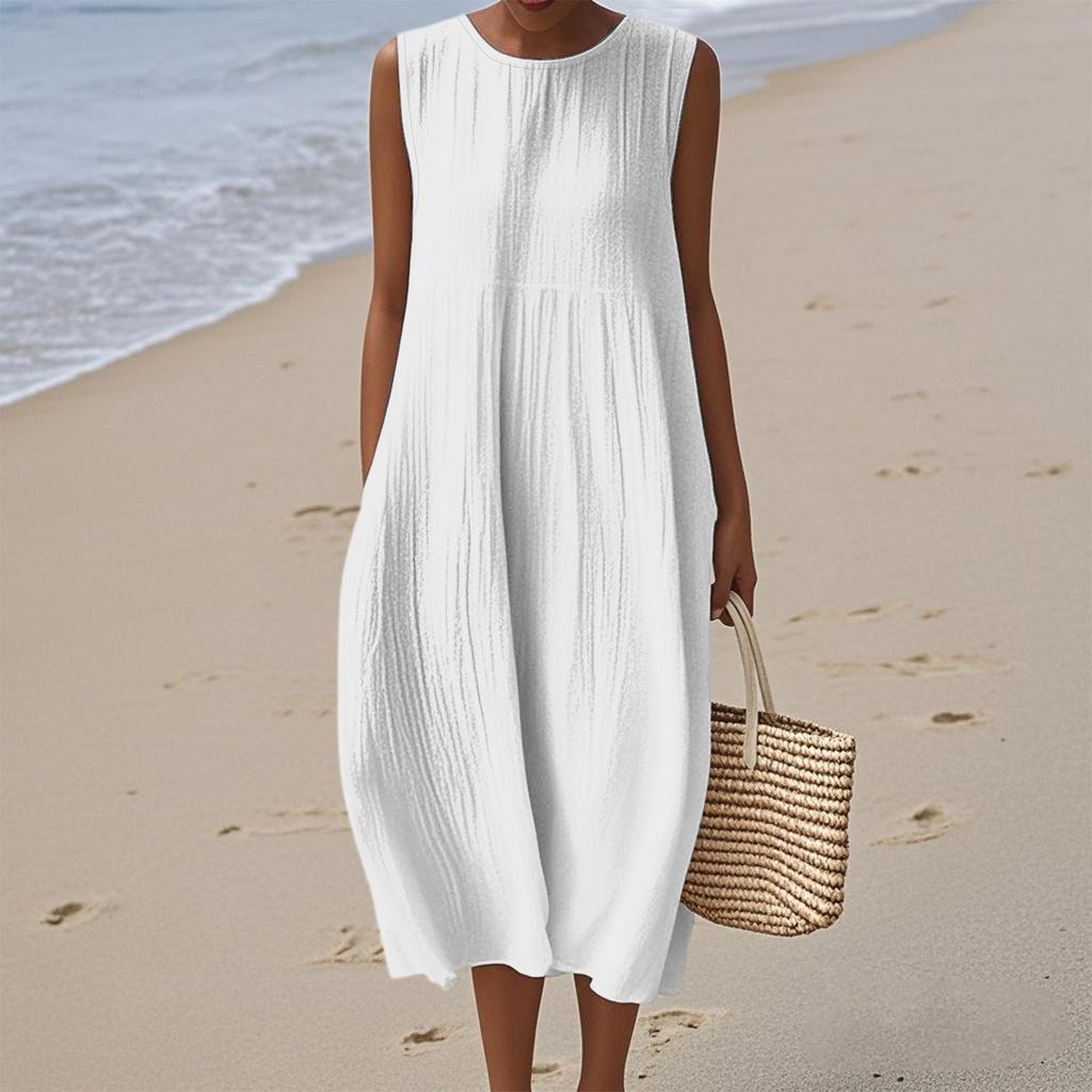 Women's Fashion Casual Sleeveless Round Neck Solid Color Elegant Temperament Dress