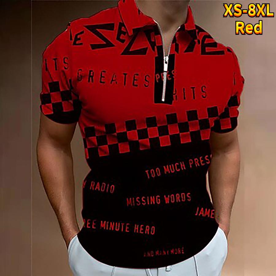 

Повседневная футболка с лацканами, молодежная мужская модная футболка на молнии, футболка с коротким рукавом, мужская футболка с 3D синим клетчатым узором и принтом 8XL красный