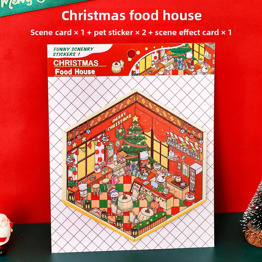 Urocze naklejki ze sceną świąteczną, trójwymiarowe miniaturowe naklejki dekoracyjne ze sceną, materiały do planowania świątecznego z kreskówkami, prezenty