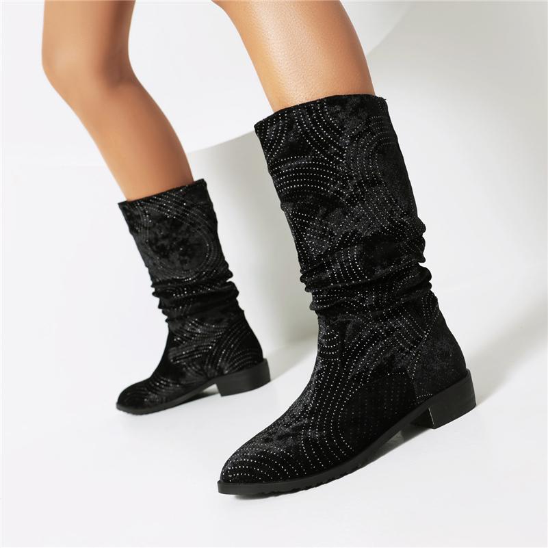 Dámské kozačky do půli lýtek s kulatou špičkou Tlusté nízké podpatky plisované křišťálové stručné značkový design dámská móda obuv zimní černá 46
