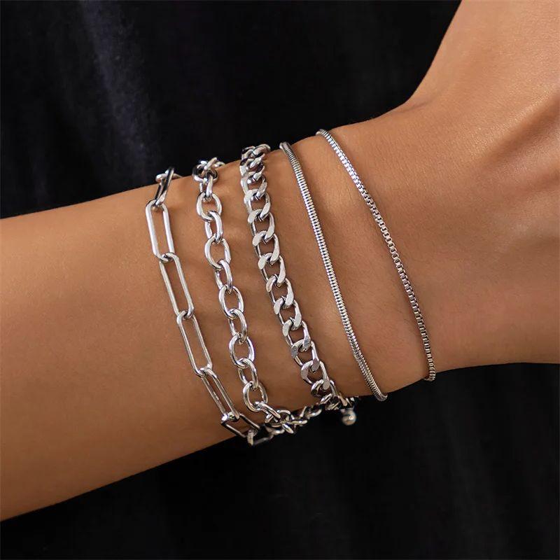 5Pcs/Set New  Color Multilayer Interlocking Chain Bracelet Retro Bangle For Women Fine Fashion Jewelry Wedding Party Gifts