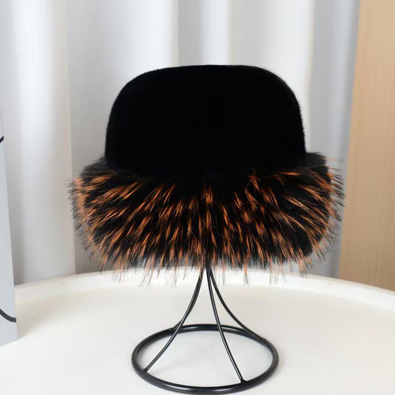 Flat Top Plush Hat with Colorful Faux Mink & Raccoon Fur - Thick & Warm for Fall/Winter