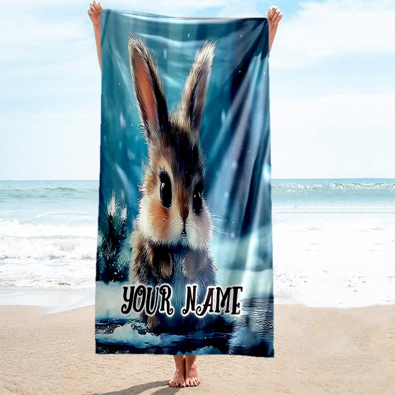 1PC Custom Name Winter Bunny Adventure Beach Towel Highly Absorbent And Sand-Resistant Towel for Swimming, Pool, Yoga, And Travel Lightweight