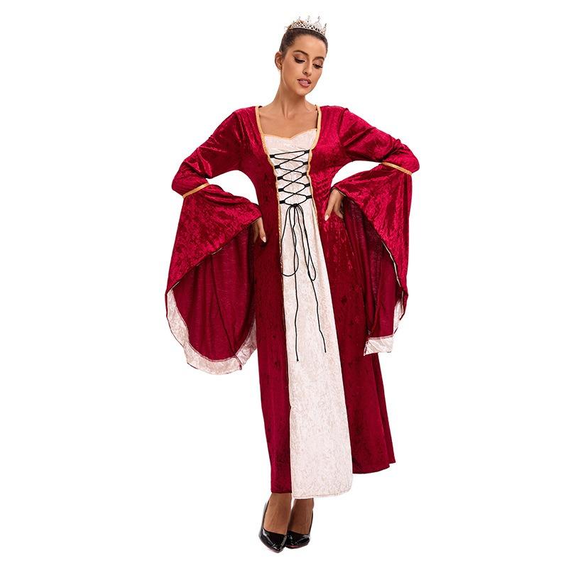 Hot Sale Women's Medieval Costumes Golden Velvet Straps Horn Sleeves Long Dresses Party Stage Performance Costumes