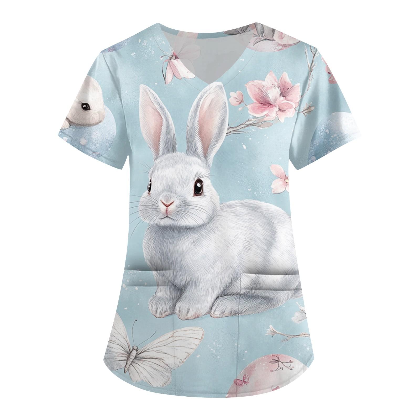 

Женская модная рабочая одежда с V-образным вырезом и короткими рукавами, с карманами, с принтом в виде пасхального топа, одежда для ухода XXXL синий