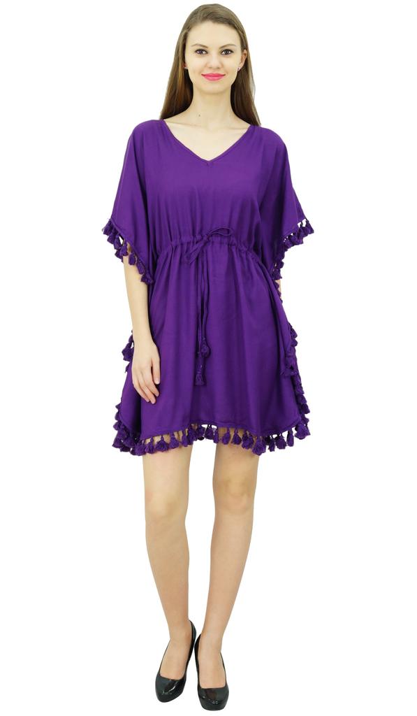 Bimba Women's V Neck Tassel Kaftan Short Rayon Caftan Designer Beachwear Coverup