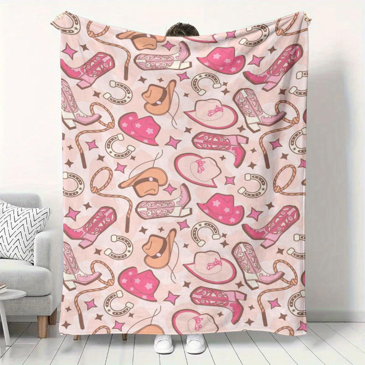 

Western Cowgirl Hat Boot Flannel Blanket Pink Soft Plush MultiSize AllSeason Sofa Bed Gift 75x100cm (30x40inch)