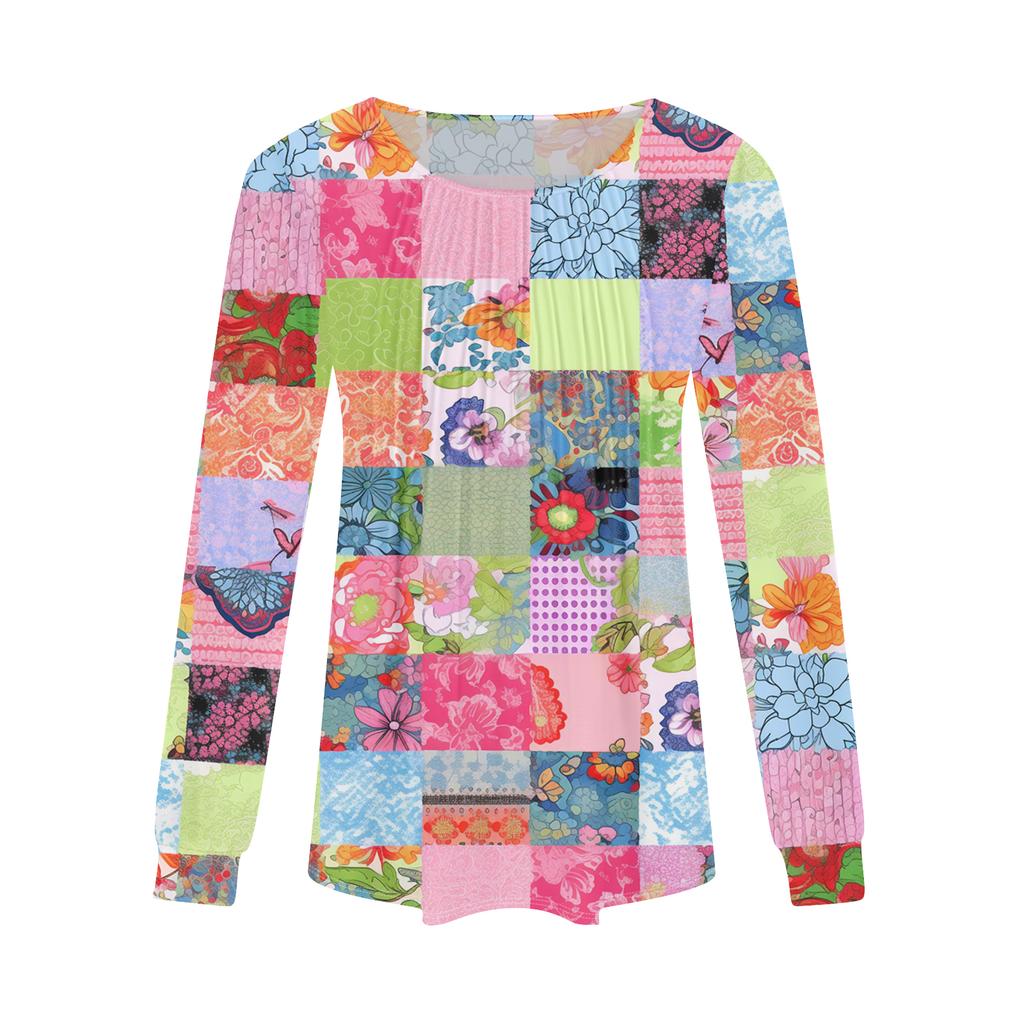 Women's Fashion Casual Pleated Round Neck Vintage Floral Print Long Sleeve T,Shirt Top