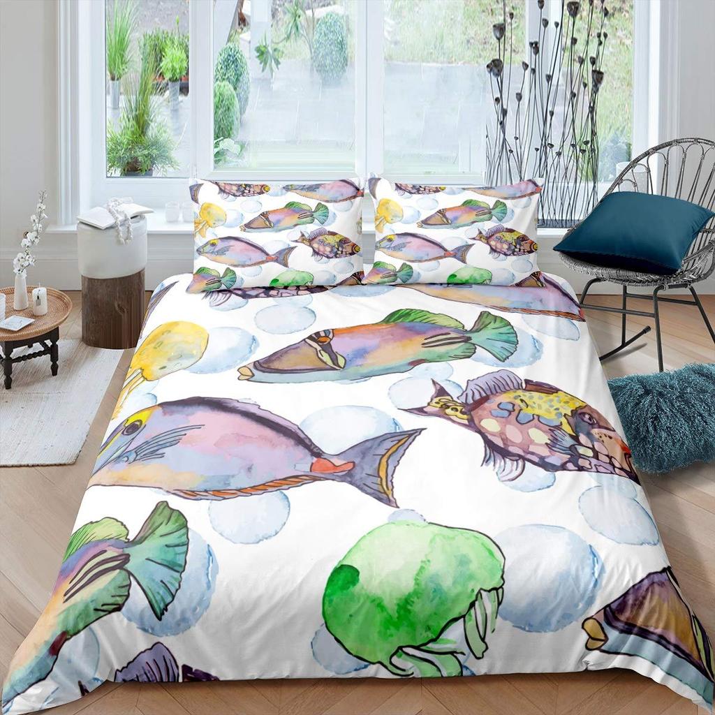 Fisch Bettbezug Set Tiefsee Angler Bettwäsche Set 3tlg Unterwasser Tier Thema Bettdeckenbezüge Weiche Polyester Steppdeckenbezüge