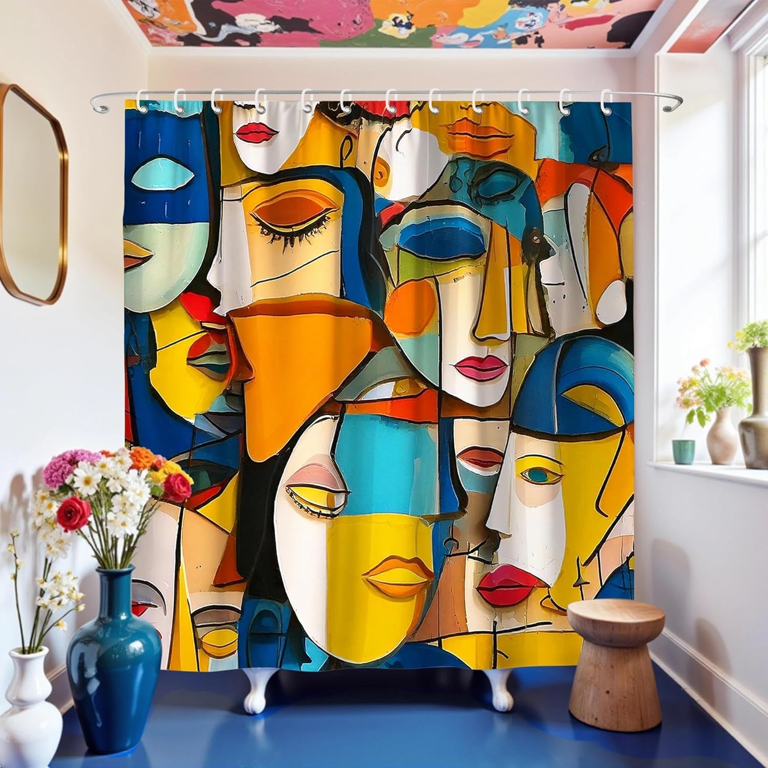 

Abstract Face Art Shower Curtain Colorful Geometric Modern Bathroom Decor Funny Artistic Bath Curtain For Home Guest Bathroom W60H190(CM)-1 Pcs