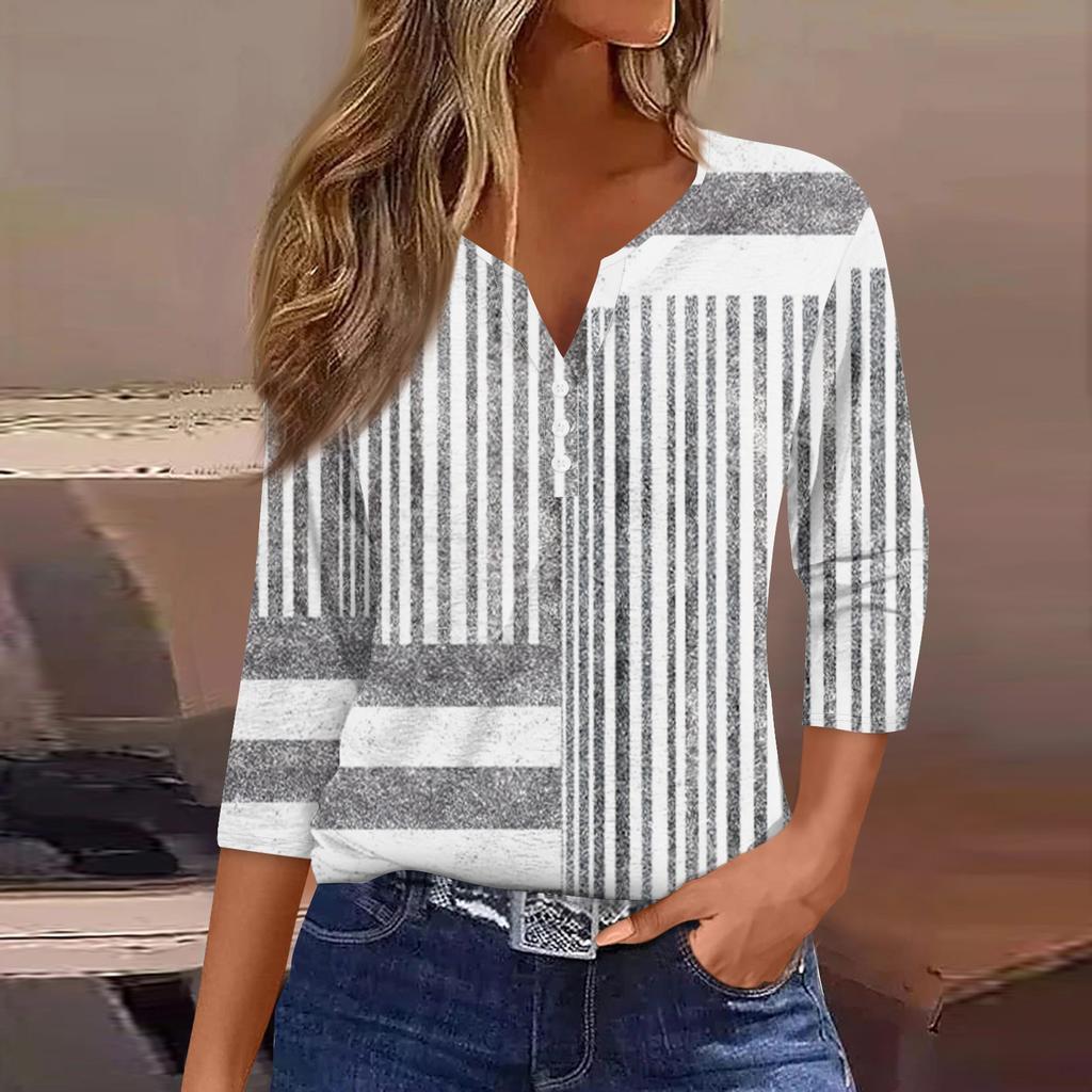 Damen T-Shirt mit Aufdruck, Knopfleiste, 3/4-Ärmel, modisch für den Alltag und das Wochenende, Basic, V-Ausschnitt, normales Oberteil