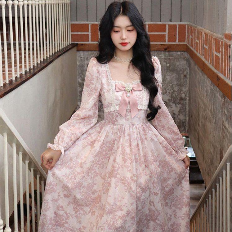 Sanftes Kleid im französischen Stil mit süßen langen Ärmeln für Damen, dehnbares Innenfutter, Ankunft im Herbst, Feensystem-Kleid