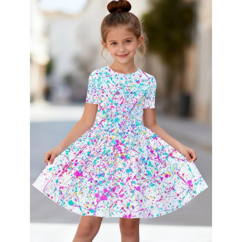 Dress for Girls Tie-Dye Multicolor Graffiti 3D Print Round Neck Colorful Dress Casual Summer Short Sleeve Tops Y2k Girl Clothes