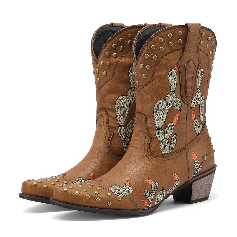 

Зимние западные женские ботильоны ковбойские коричневые бежевые вышивка кактус деформированный заостренный носок слипоны ретро заклепки ковбойские короткие ботинки 43 коричневый