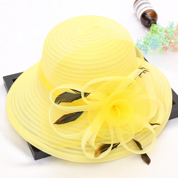 Eugen Top Hat Spring Summer Feather Flower Fashion Wedding Hat Big Brim Dome Beach Sun Hat
