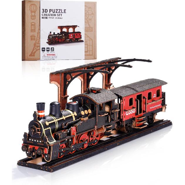 3D Puzzles for Adults -Steam Train, Wooden Model Kits Building Set for Adults, DIY Crafts Kits Hobby Creative Gift Ideas for Girls Boys (Steam