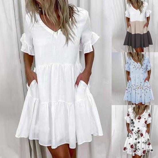 Summer Women Dress Color Block Short Ruffle Sleeve V Neck Pockets Floral