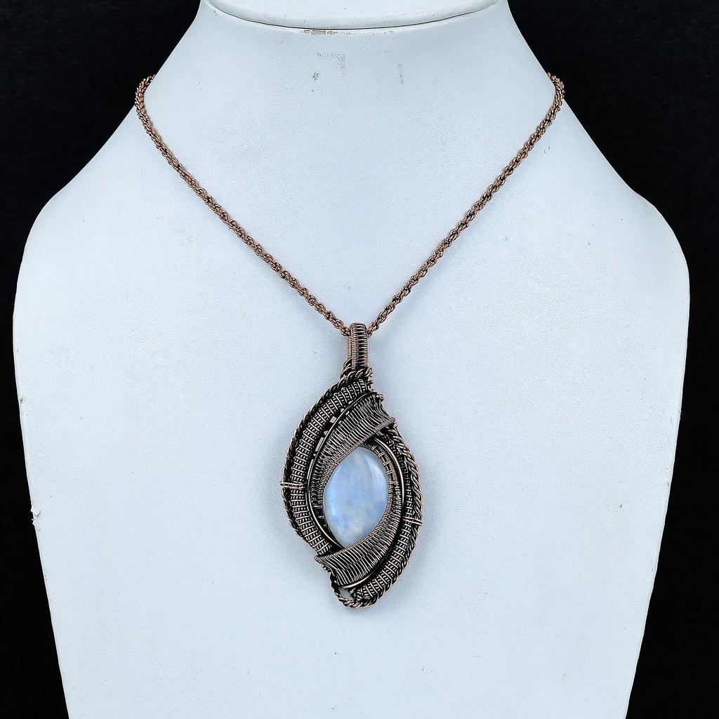 Rainbow Moonstone Pendant, Handmade Gemstone 999 Copper Wire Wrap Pendant Antique Jewelry, For Gift Copper Jewelry