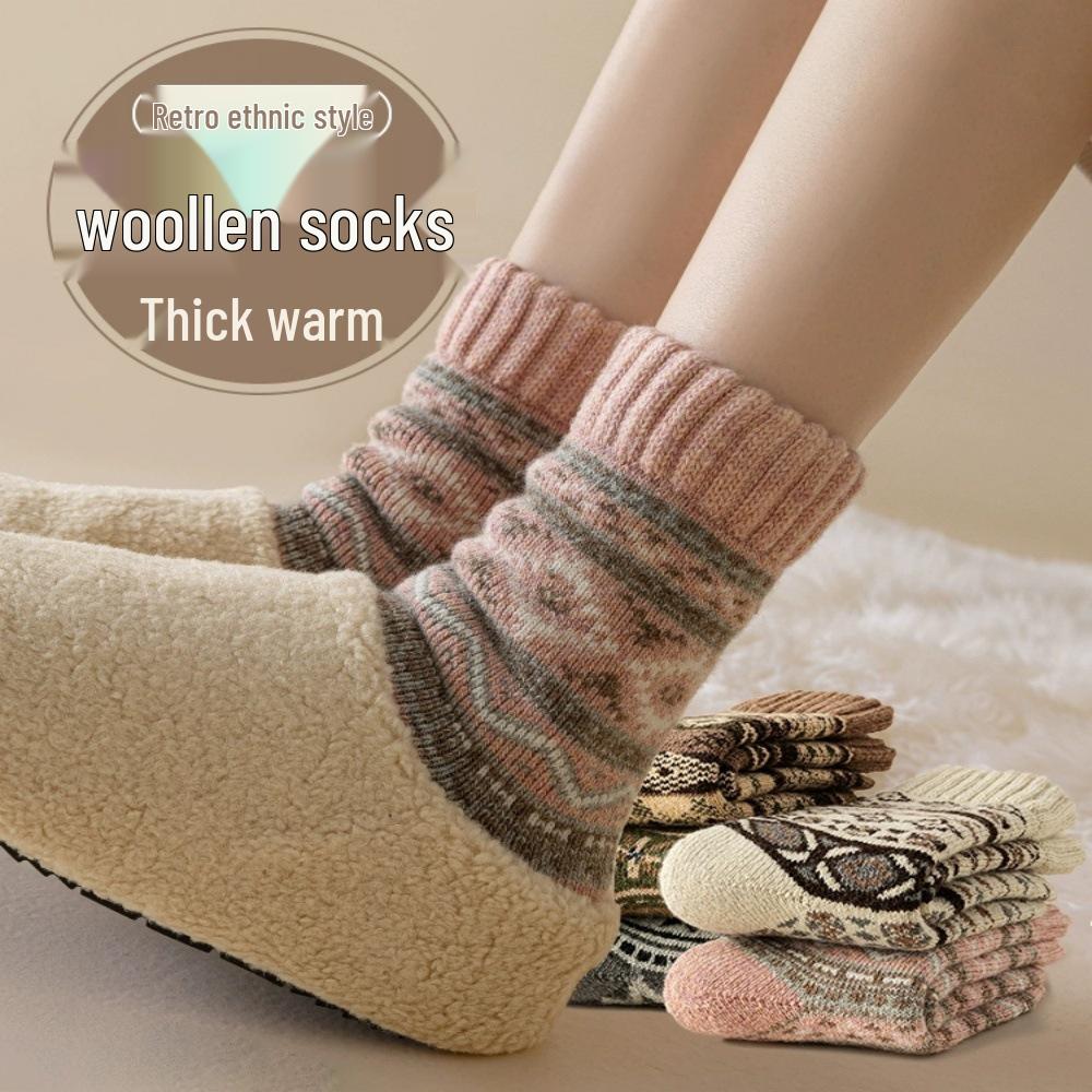 Women's Retro Ethnic Wool Socks - Warm, Fleece-Lined, Mid-Calf for Autumn/Winter