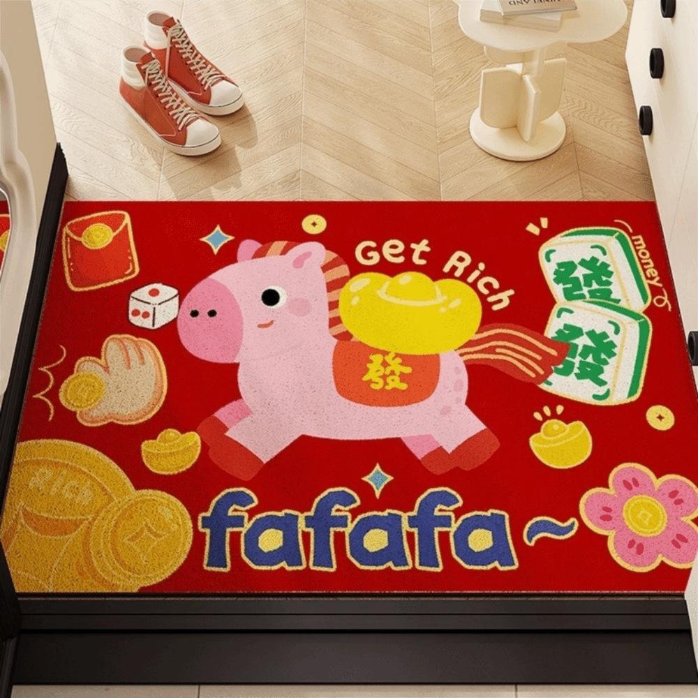 Cute Anti-slip Chinese New Year Doormat Stain Proof Cartoon Horse Pattern Carpet Wear-Resistant Red Entrance Mat Home Decor
