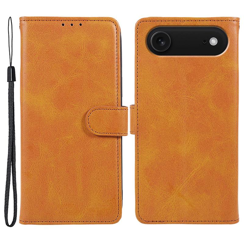 For iPhone 17 Air Case Calf Texture PU Leather Wallet Phone Cover with Wrist Strap