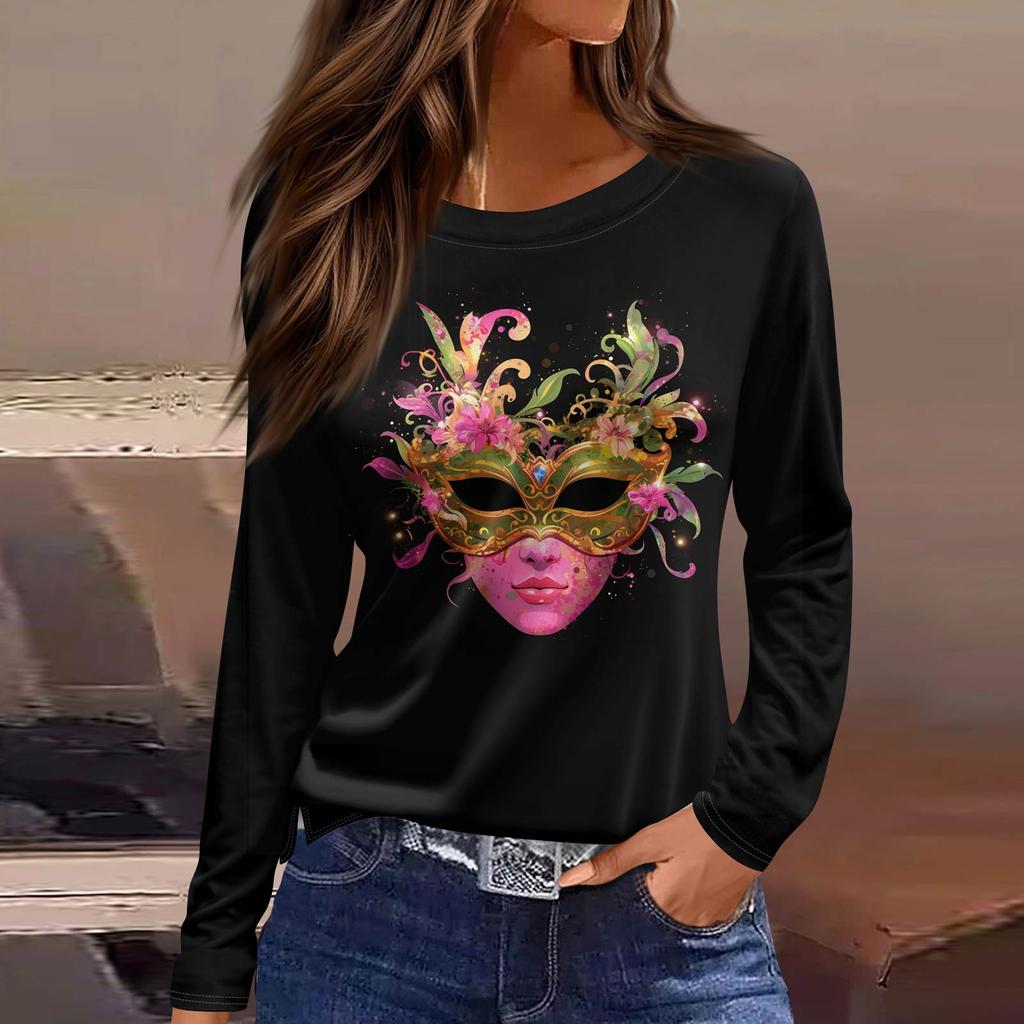 Women's Fashionable Casual  Neck Long Sleeve Hem Split Carnival Print T-Shirt Top