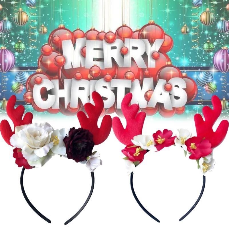 Festive Red Velvet Reindeer Antlers Headband With Floral Design For Girls