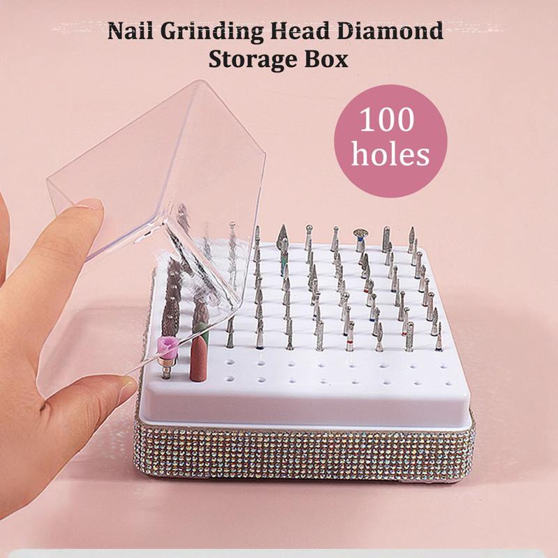 100 Holes Nail Drill Bit Holder  Bling Stand Display Organizer Dust Proof Storage Container Box Case Nail Salon