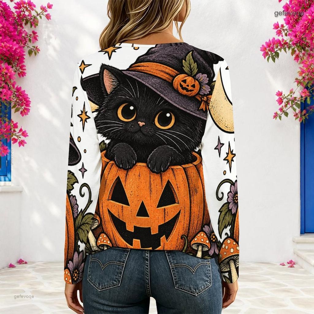 Women Plus Size V Neck Long Sleeve Halloween Printed Eyelet Chain Lace Up Top