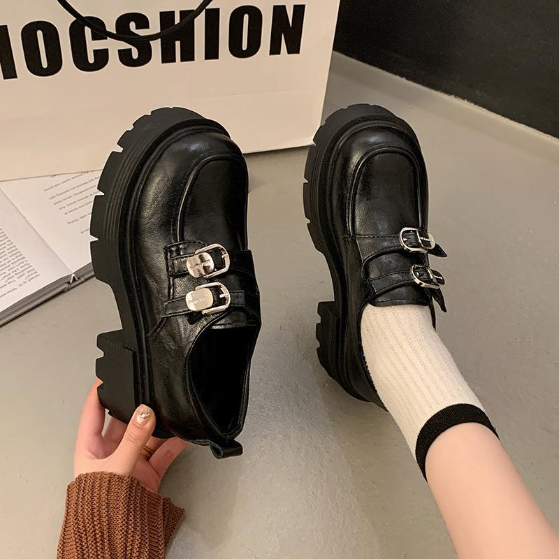 Small Leather Shoes Women's New British Platform Thick Heel Heightening Single Shoes Spring