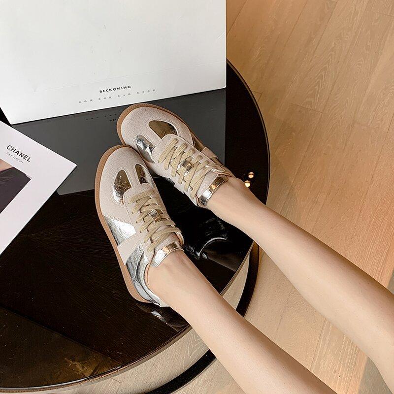 Silver German training shoes women's 2025 new retro leather sports and leisure board shoes versatile flat white shoes women