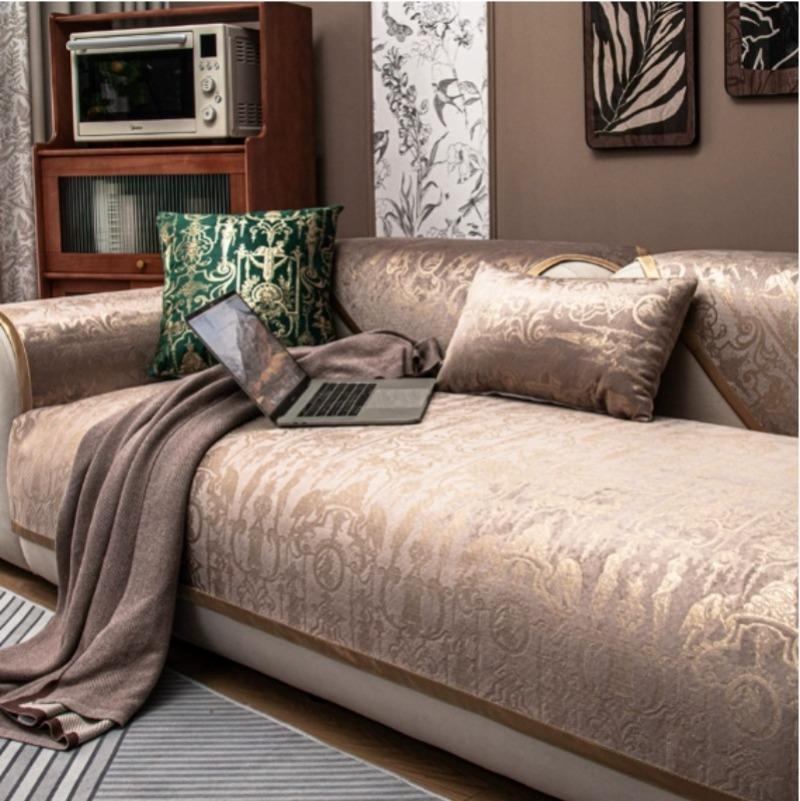 Luxury Embroidery Velvet Sofa Cover for Living Room, Non-Slip, Stamping Stripes, Cushion Mat, Sofa Towel, Home Couch Decor