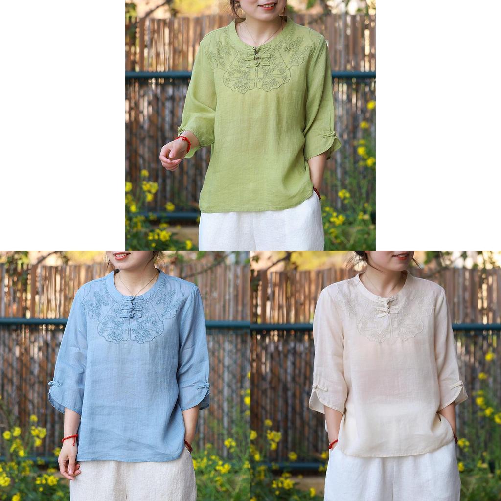 Vintage Art Style T Shirt For Women With Embroidery Summer Casual Wear