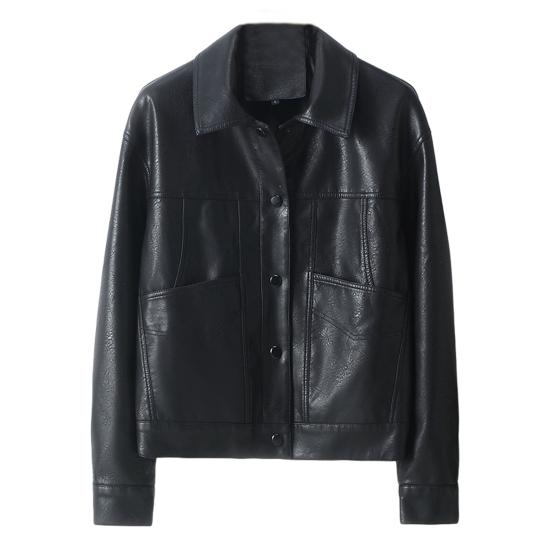 Women Jacket Faux Leather Smooth Surface Turn-down Collar Single-breasted Long Sleeves Pockets Retro