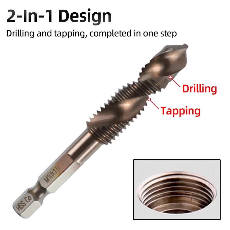 Composite Screw Tap Bit HSS-CO Tap Drill Set 1/4" Hex Spiral Tap Drill Reamer Titanium Soft Metal Thread Drilling Tapping Tools