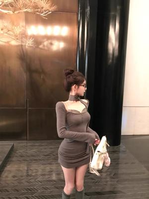 Lace Splicing Fake Two-piece Long-sleeved Dress Women's Autumn Slim-fitting Tight Hip-wrapped Skirt Pure Desire Wind Waist Short Skirt