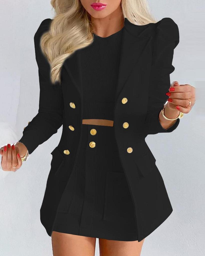 Elegant Two-piece Set, Fashionable Double Breasted Lapel Suit Jacket and High Waisted Floral Mini Skirt, New Women's Suit Set