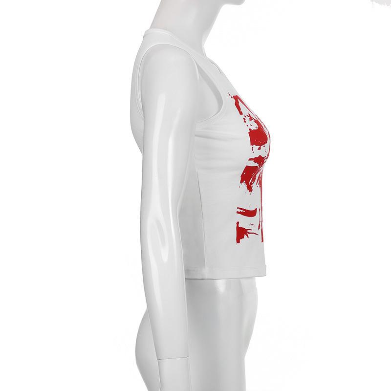 Summer European and American Spicy Girl Style Street Exposed Navel Abstract Print INS Round Neck Basic Vest