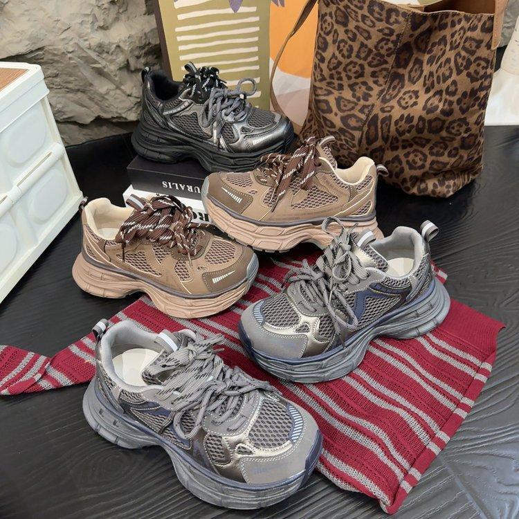 Platform Leather Mesh Dad Shoes Girl 2025 Autumn European Station New Breathable Casual Niche Retro Sneakers