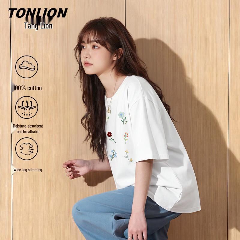 TonLion Women s Embroidered Floral Cotton T-Shirt L