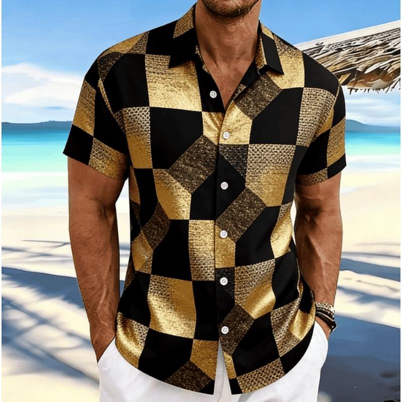 Men's Black Gold Luxury Short Sleeve Shirt, Spring Summer Business Vacation Casual Blouse, Loose Casual Top