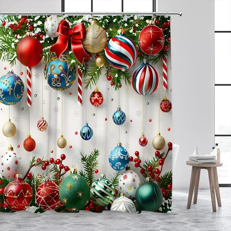 Christmas Balls Shower Curtain Green Pine Boughs Gold Stars Snowflakes New Year Xmas Bath Curtain Home Bathroom Decor With Hooks