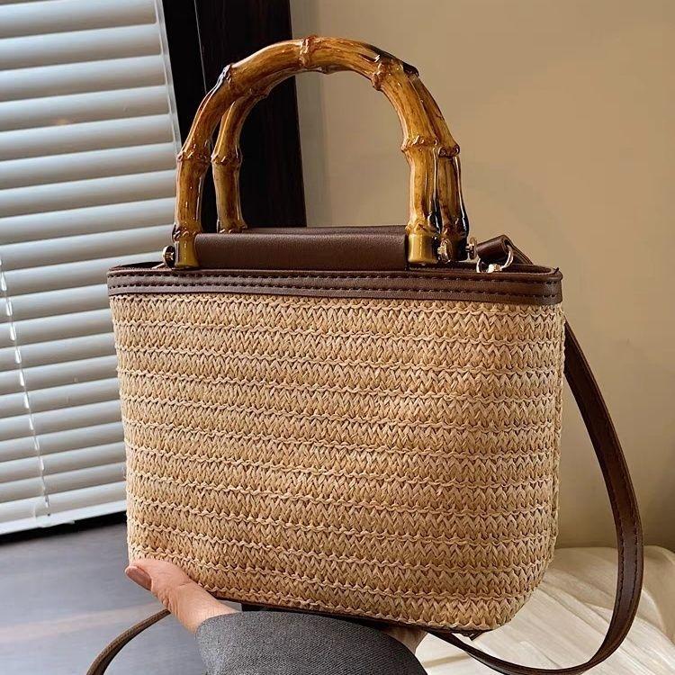 High-End Bamboo Handheld Straw Bag for Women, Niche Versatile Crossbody Woven Bucket Bag, Summer Casual Woven Bag